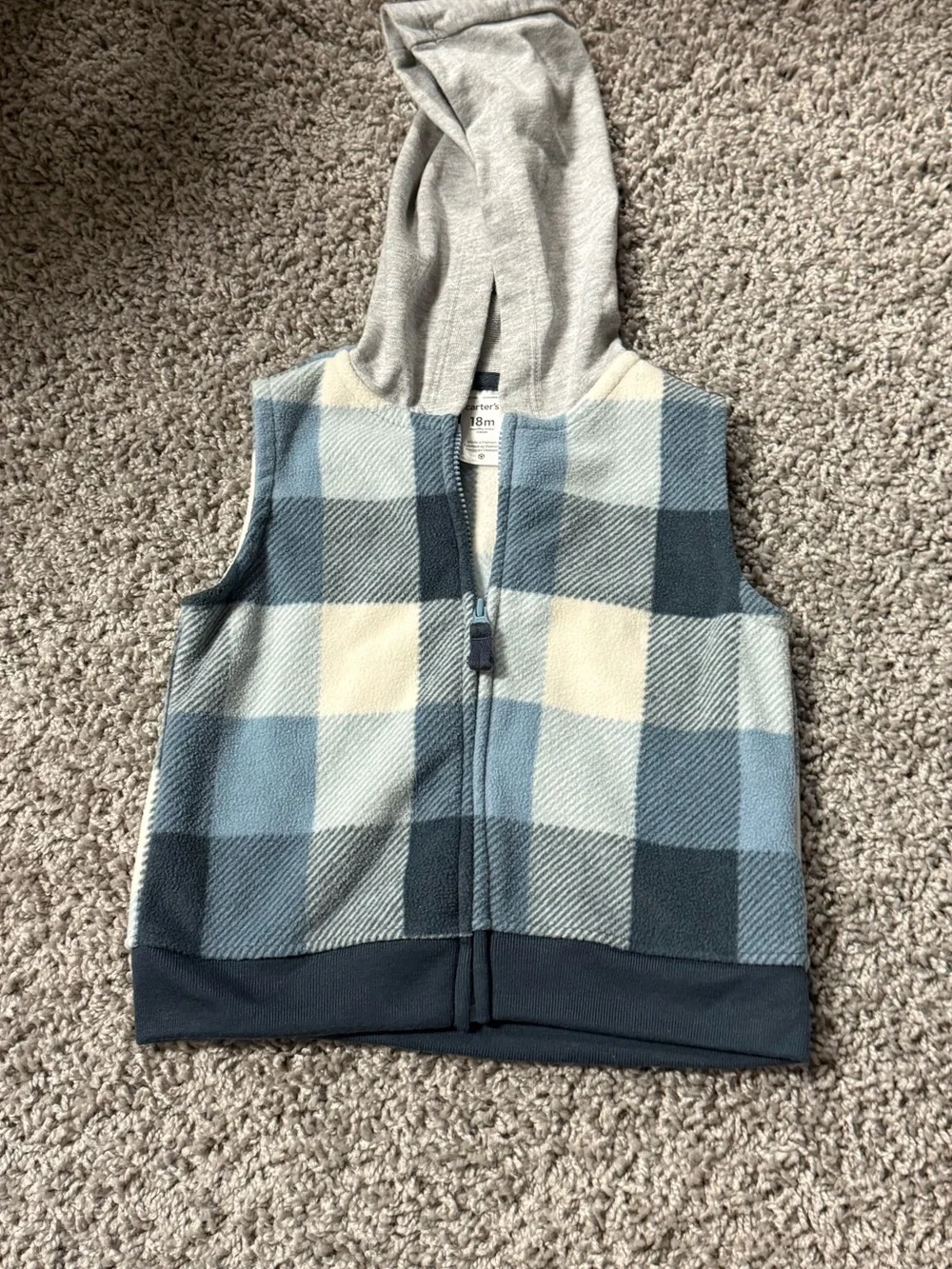 Carter's Blue, Gray & Cream Plaid Hooded Fleece Vest